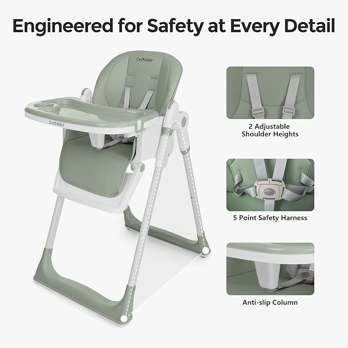 Cochildor 3-in-1 Foldable High Chair for Babies & Toddlers – Adjustable Height, Reclining Seat, 5-Point Safety Harness, Removable Tray, Lockable Wheels, Washable Cushion – Portable & Easy Clean, Green