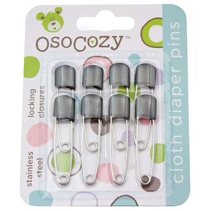 OsoCozy Diaper Pins - (Black) - Sturdy, Stainless Steel Diaper Pins with Safe Locking Closures - Use for Special Events, Crafts or Colorful Laundry Pins, 8 Count (Pack of 1)