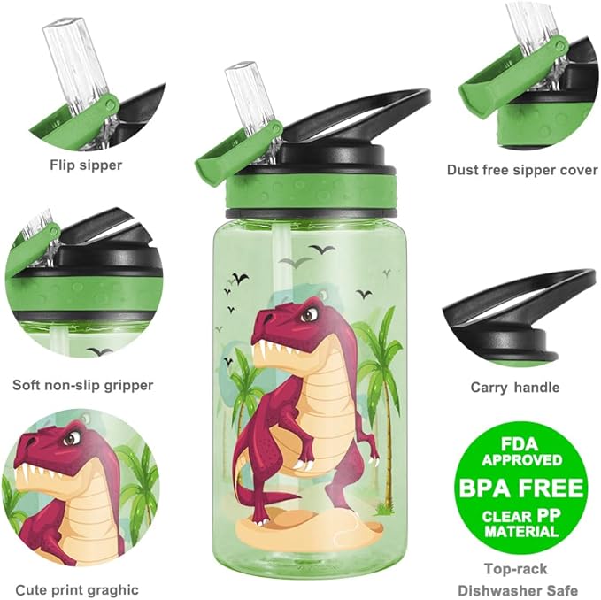 15oz Water Bottle for Kids Girls Boys School, BPA Free, Leak Proof Flip Straw, Carry Loop, Easy Clean - Dinosaur