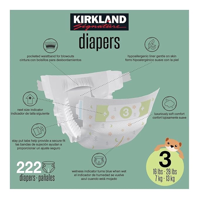 Kirkland Signature Diapers, Size 3 (16-28 Pounds), 222 Count