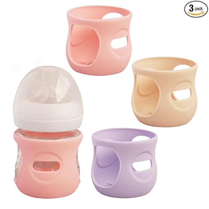 3 Pack Silicone Sleeves for Avent Natural Glass Baby Bottles, Anti Breakage Baby Bottle Holder, Compatible with Philips Avent Glass Natural Baby Bottle (Cute Pink+Light Purple+Beige, 4 OZ)