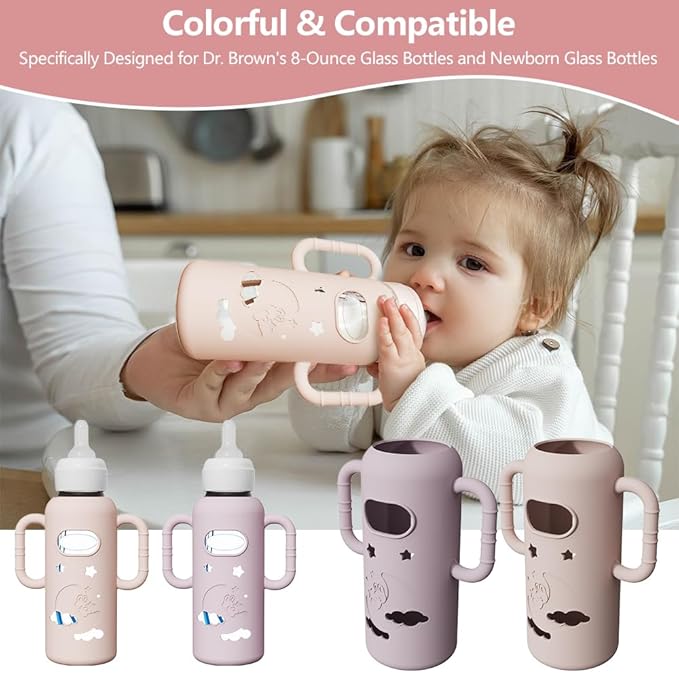 4 Pack Silicone Sleeves for Dr Brown's Glass Bottles, Drop Protection Bottle Sleeves with Handles, Anti Breakage Baby Bottle Protector Compatible with Dr. Brown's Newborn Glass Bottles,8 oz