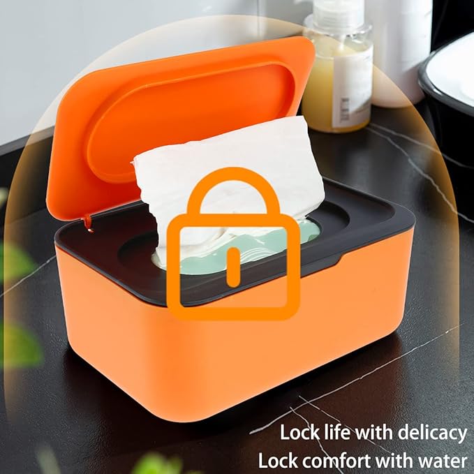 Wipes Dispenser, Dustproof Wet Tissue Box Baby Wipe Holder Large Capacity Wipes/Tissue Case with Moistur e Seal Secure Lid Keeps Wipes Fresh for Home, Office(Orange Black)