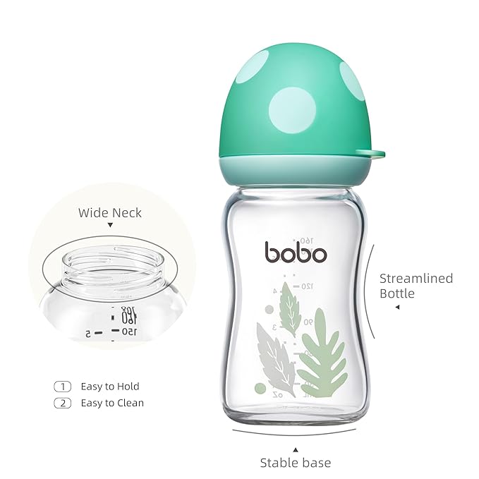 YOHKOH Natural Glass Baby Bottle with Level 1 Slow Flow Nipple, Newborn Anti-Colic Baby Bottles, Wide Neck Mushroom Baby Glass Bottle ((5.4oz (Pack of 4), Blue-A)
