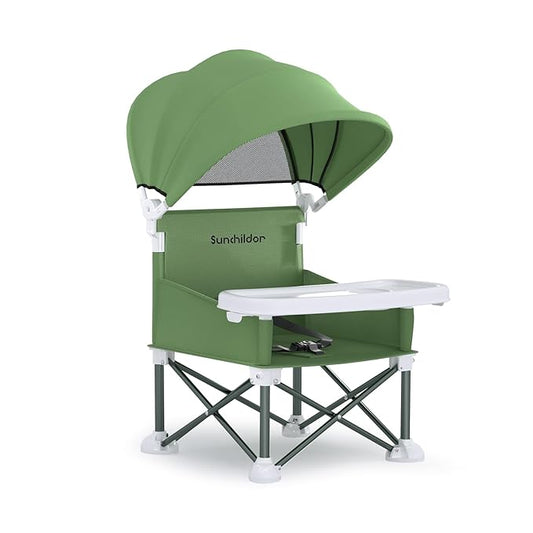 Portable Baby Booster Seat with Removable Tray & Canopy - 3 Point Safety Harness, Compact Fold for Travel, Indoor Outdoor Use for Infants & Toddlers, Green