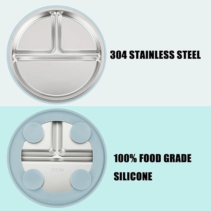 PandaEar Stainless Steel Baby Feeding Set | 2 Divided Suction Plates, 2 Spill-Proof Straw Cups with Silicone Sleeves, 2 Forks & 2 Spoons | Toddler Utensils for Baby Led Weaning, BPA-Free (Blue & Grey)