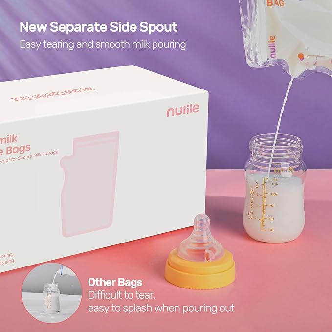 Nuliie 120 Pcs Breastmilk Storage Bags Freezer, 8 OZ Breast Milk Storing Bags, BPA-Free, Milk Storage Bags with Pour Spout for Breastfeeding, Self-Standing Bag, Space Saving Flat Profile