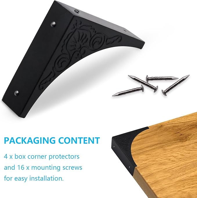 Pack of 4 2.56" Antique Metal Corner Protectors Corner Guard Decorative Desk Box Corner Protector Desk Case Edge Cover Guard Furniture Corner (Black Printing)