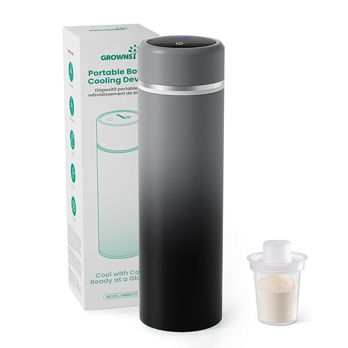 Grownsy Portable Baby Formula Bottle Maker, Rapid Cooling in 3 Min, Pure Physical Cooling, No Power Needed, Smart Color Temp Display, Travel & Night Feeding Essential, Includes Formula Dispenser,Black