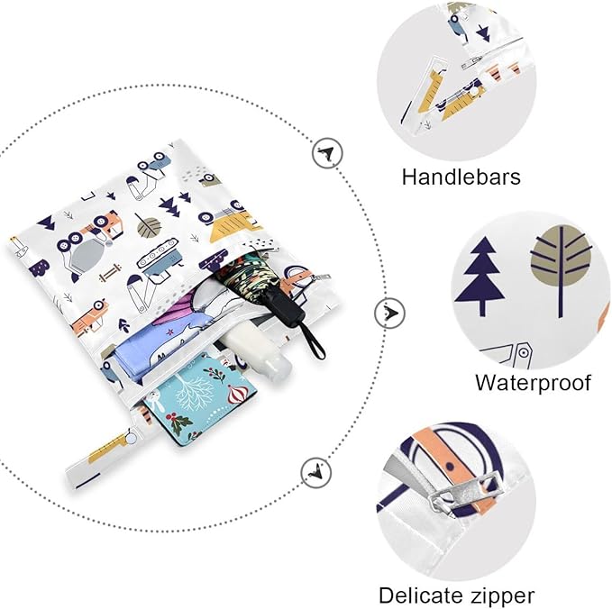 Cute Truck Excavator Wet Dry Bag for Baby Cloth Diaper Waterproof Reusable Travel Wet Bag with Two Zippered Pockets for Swimsuits, 2 Pcs