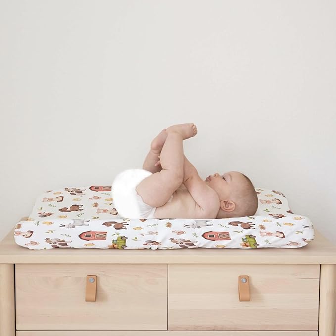 Baby Farm Life Changing Pad Cover for Boy Girl 32''x16'' Farm Animals Pig Goat Horse Cow Chick Rooster Duck Leaves Barn Truck Fitted Changing Pad Sheets Soft Breathable Diaper Change Table Mats
