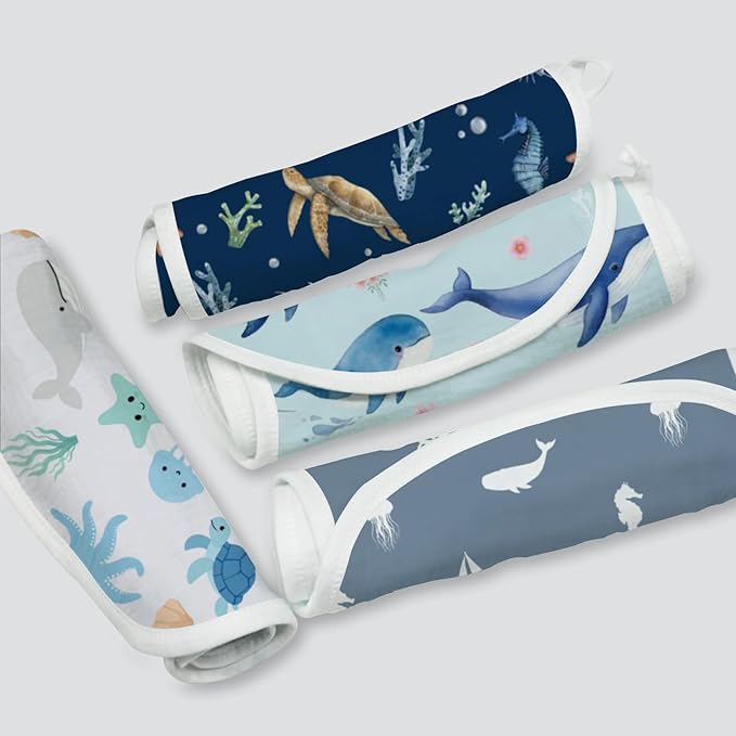 5-Pack Baby Burp Cloths for Boys,100% Muslin Cotton Super Absorbent Burping Rags, Ultra Soft Large Washcloths with Whale & Seahorse Ocean Prints, Newborn Essentials Gift Set