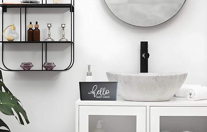 Moorfowl Hello Sweet Cheeks Flushable Wipes Dispenser, 8.2L x 4.9W x 3.9H inches, Bathroom Wipes Container Holder Cute Funny Rustic Farmhouse Home Decor (Grey)