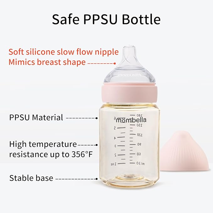 Mombella Classic PPSU Baby Bottles for Newborn 6oz, Anti-Colic Slow Flow Silicone Nipple Milk Bottle, Breast-Like Soft Teat, Durable Feeding Bottle, BPA Free, Pink