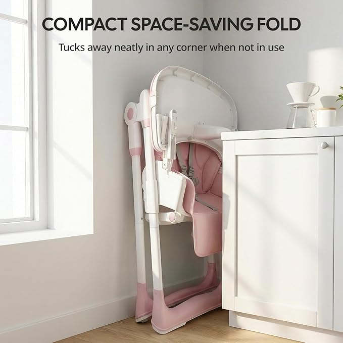 Sunchild 3-in-1 Baby High Chair with Wheels, 5-Point Harness, Tray, Footrest, and Backrest, Foldable and Adjustable for Toddlers 6-36 Months, Pink