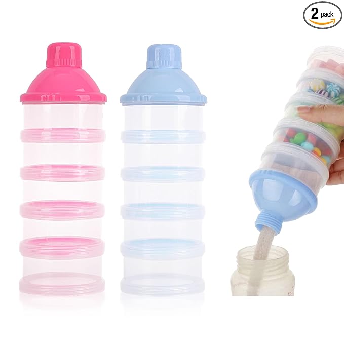 2 PCS 5 Layers Baby Milk Powder Dispenser, Milk Powder Pots, Formula Dispenser Portable Milk Powder Formula Dispenser Container Pot Box Milk Cans Snack Storage Box for Travel (Blue + Pink)