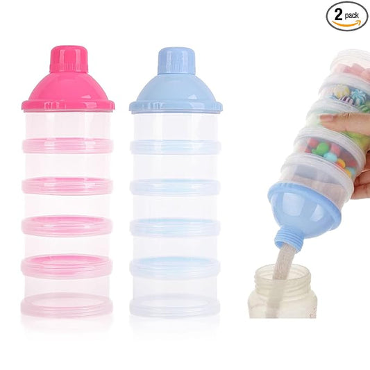 2 PCS 5 Layers Baby Milk Powder Dispenser, Milk Powder Pots, Formula Dispenser Portable Milk Powder Formula Dispenser Container Pot Box Milk Cans Snack Storage Box for Travel (Blue + Pink)