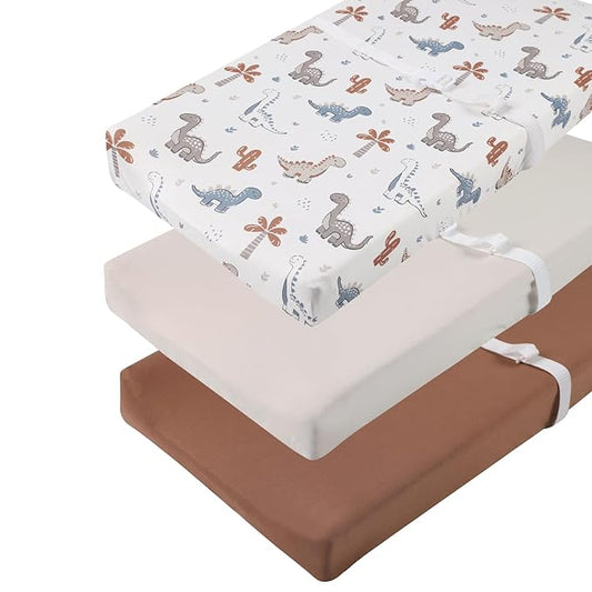 Changing Pad Cover Set 3 Pack Jersey Knit Ultra Soft for Baby Boys Girls Cream/Brown/Dinosaur