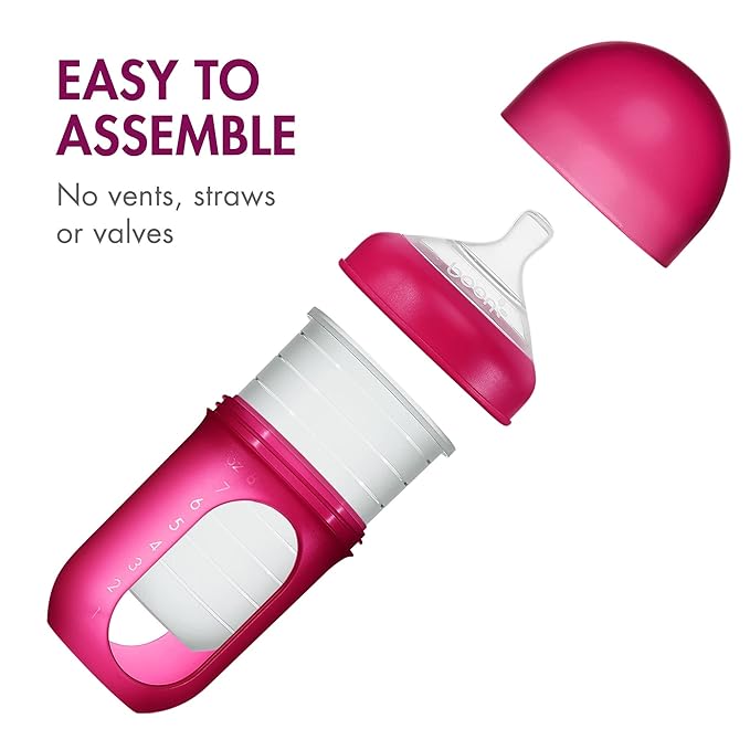 Boon Nursh Bottles - Silicone Baby Bottles Help Ease Colic Symptoms - Reusable Food-Grade Silicone Pouches with Polypropylene Shell - Medium Flow - 8 Oz - Pink