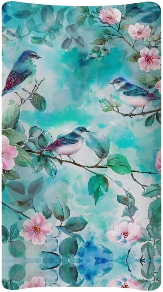 Green Bird Changing Pad Covers Safe Baby Diaper Change Table Covers, Reusable Change Pad Cover Fit for Most Change Pad Machine Washable
