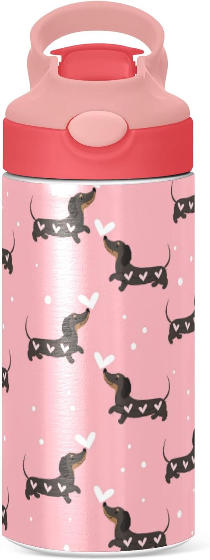 Pink Love Dachshund Dogs Kids Water Bottle with Straw and Carry Handle Cute Puppy Dog Vacuum Insulated Stainless Steel Bottles Leak-Proof for Boys Girls Toddler 12 oz Pink Lid