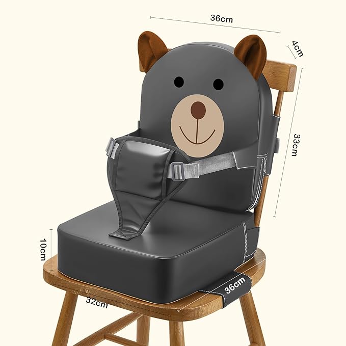 Booster Seat for Kitchen Chair, Toddler Kids Booster Seats for Dining Table with Backrest and Adjustable Strap, Portable PU Waterproof Travel Baby Booster Increasing Cushion (Dark Grey, OneSize)