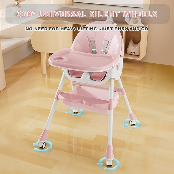 High Chairs for Babies and Toddlers, 4 in 1 Convertible Baby High Chair, Portable High Chair for Travel with Adjustable Height and Back, Foldable HighChair with Wheels& Pu Cushion