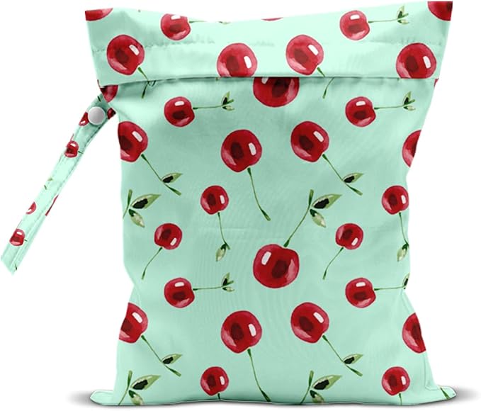 Wet Bag, Wet Dry Bag, Waterproof Swim Bags, Machine Washable Reusable Bags for Beach, Pool, Diapers, and Dirty Yoga Gym Clothes(Mint Green Watercolor Cherry Pattern