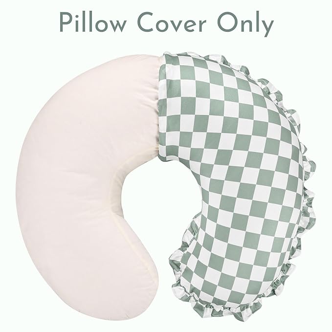 DILIMI Nursing Pillow Cover, Removable Ruffled Pillowcase for Breastfeeding Pillows, Ultra Soft Comfortable Slipcover for Baby Girl and Boy, Green Gingham