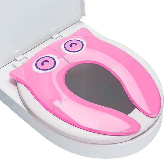 Portable Potty Seat for Toddler Travel - Foldable Non-Slip Potty Training Toilet Seat Cover for Girls, Baby Kids with Drawstring Bag (Pink Owl)