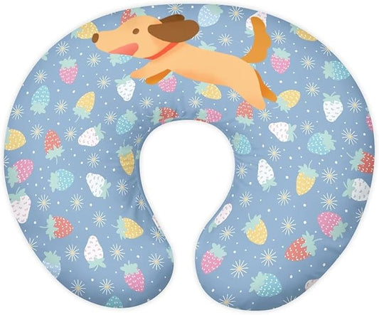 Cute Puppy Nursing Pillow Cover Stretchy and Soft Nursing Cover for Breastfeeding Pillows,Strawberry Printed Pillow Slipcover for Baby Girls Boys Newborn Blue(Cover Only)