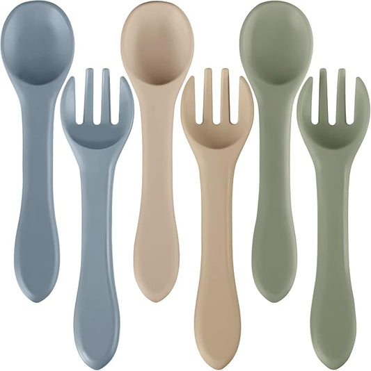 Nuenen 6 Pieces Silicone Baby Feeding Forks and Spoons Set Hot Safety First Stage Self Feeding Supplies Mini Kids Utensils for over 6 Months Babies Boy Girl Toddlers First Foods (Neutral Color)