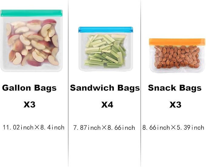 10 Pack Reusable Freezer Bags, Leakproof Silicone Food Storage Bags, Dishwasher Safe Bpa Free Reusable Bags For Lunch Marinate & Travel - 3 Gallon, 4 Sandwich, 3 Snack Sizes(Gray)