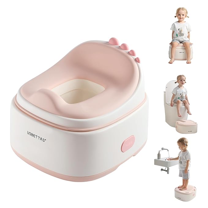 3 in 1 Potty Training Toilet, Dinosaur Toddler Potty Training Seat for Boys Girls with Comfortable Cushion, Easy-to-Clean and Anti-Slip Potty Training Step Stool for Toilet (Pink)