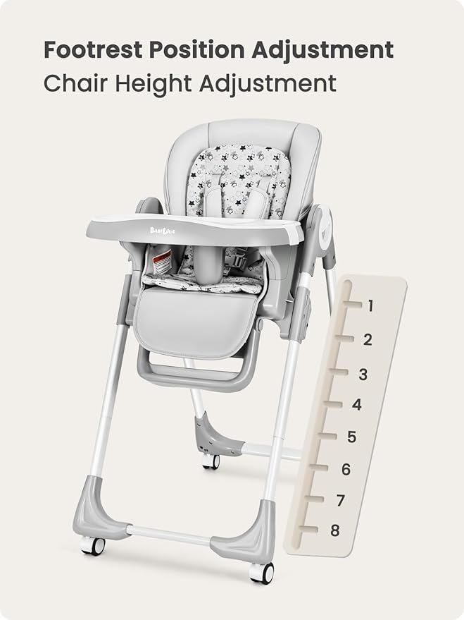 Babilous Foldable High Chair with Soft Cushion, High Chairs for Babies and Toddlers, Height Adjustable Feeding Chair, Adjustable Backrest and Footrest, Lockable Wheels, Star Gray