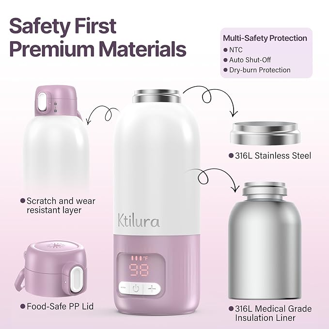 Portable Bottle Warmer for Travel,Fast Heating Milk Warmer On The Go,17 OZ Water Warmer for Breast Milk, Formula,Water,Temp Control 98°F -212°F,Baby Essentials for Outdoor Airplane Car Journey