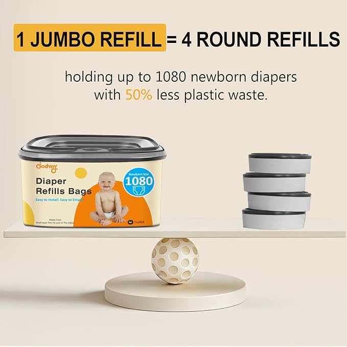 Jumbo Square Diaper Bags Refill Compatible with Diaper Genie Classic/Compact/Select Pails, Holds up to 1080 Newborn-Sized Diapers, Odor Control & Durable Disposal Refill, Plant Scented, Pack of 2