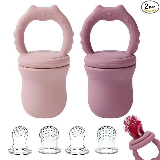 Socub 2 Pack Mesh Fruit Food Feeder Teether, Silicone Frozen Feeders for 3M+ Baby Safe Self Feeding, 3 Sizes Food Pouches Included, Suitable for Babies Teething Relief (Rose, Dusty Lilac)