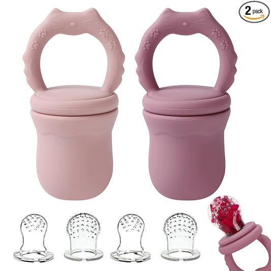 Socub 2 Pack Mesh Fruit Food Feeder Teether, Silicone Frozen Feeders for 3M+ Baby Safe Self Feeding, 3 Sizes Food Pouches Included, Suitable for Babies Teething Relief (Rose, Dusty Lilac)