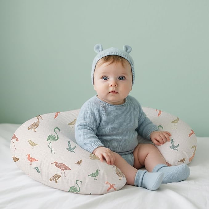 Little Grape Land Muslin Nursing Pillow Covers, 100% Cotton Removable Breastfeeding Pillow Covers, Breathable Slipcover for Baby Boys & Girls, (Wetland Birds & Rosy)