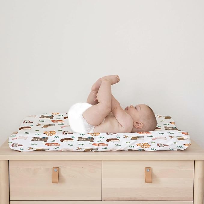Cartoon Animals Leaves Changing Pad Cover Cute Bear Raccoon Squirrel Deer Rabbit Hedgehog Owl Change Table Cover for Boys Girls Soft Stretch Fitted Diaper Changing Mat Sheets 32''x16''