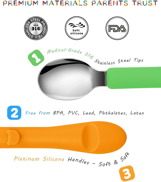 Bakpoco 6PCS Toddler Utensils, 316 Stainless Steel Baby Safe Forks + Spoons with Silicone Handle, BPA Free Dishwasher Safe Kids Silverware Cutlery with Box, Bright Orange/Blue/Green