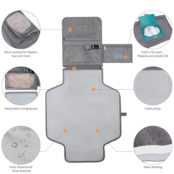 Portable Diaper Changing Station, Expandable Baby Diaper Bag, Compact Diaper Changing Travel Bag with Wet Wipe Pocket, Waterproof Baby Travel Station Set with 2 Bibs (Gray)