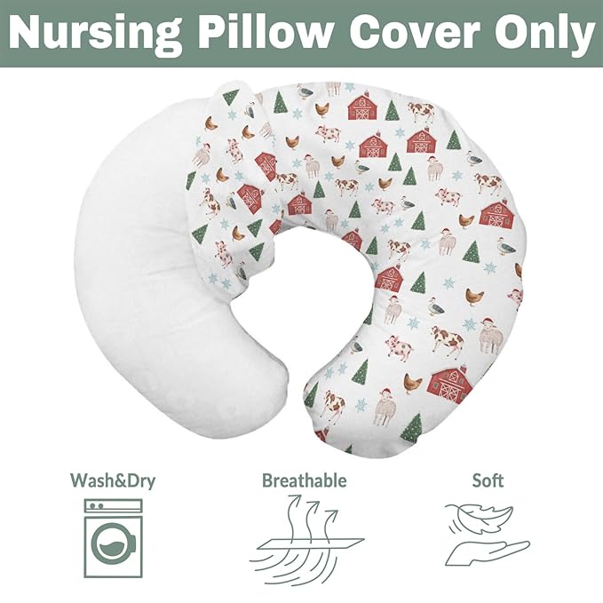 Christmas Farm Animals Life Baby Nursing Pillow Covers for Boy Girl Barn Pig Cow Lamb Hen Duck Trees Nursery Pillowcase for Breastfeeding Pillows Winter Country Farmyard Soft Stretchy Slipcovers