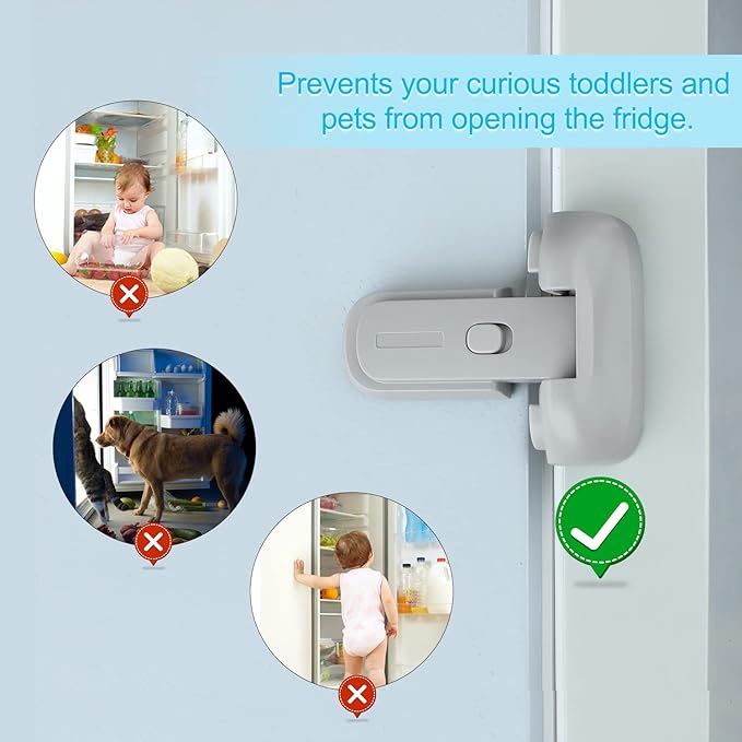CLYMENE Refrigerator Fridge Freezer Door Lock for Kids, Child Proof Refrigerator Latch Lock to Keep Door Closed, No Tools Required and Easy Installation (Grey)