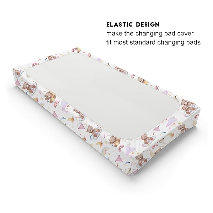Cartoon Cute Bear Girl Changing Pad Covers Pink Bear Rainbow Moon Stars Clouds Leaf Baby Change Table Sheets Cover for Boys Girls Soft Stretchy Diaper Changing Table Mats 32''x16''