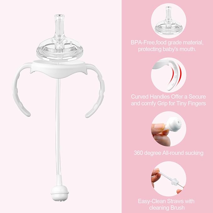 Straw Cup Conversion Kit for Dr. Brown's Wide-Neck Baby Bottles, Weighted Sippy Cup Transition Kit with Handles for Kids, [Variable Flow] [Spill-Proof] [BPA-Free], 6m+