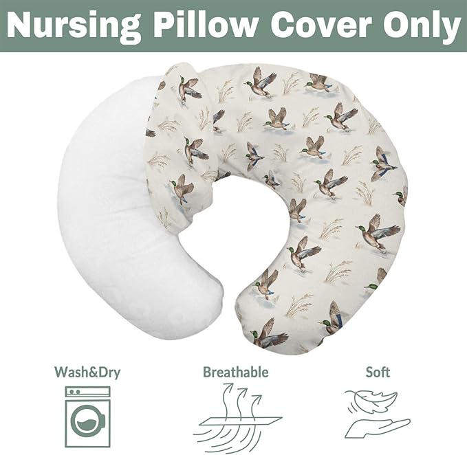 Wild Ducks Mallards Baby Nursing Pillow Covers for Boy Girl Vintage Duck Hunting Nursing Pillow Slipcovers for Breastfeeding Pillows Retro Duck Leaves Pond Soft Stretchy Covers for Newborn Infant