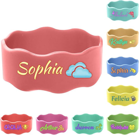 3 Pcs Personalized Water Bottle Name Bands, Waterproof Bottle Labels, Cute Bottle Tag Printable Name Sippy Cup Strap Elastic Silicone Daycare Labels