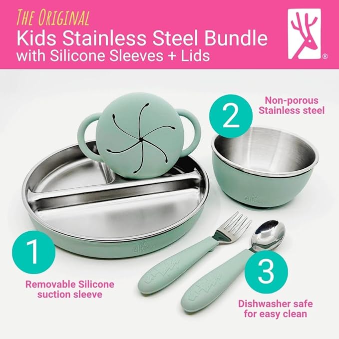 Elk and Friends Kids Stainless Steel Mealtime Bundle | Plates, Bowls, Snack Cups + Toddler Utensils | Silicone Suction Sleeves + Travel Storage Lids | For Meals + Snacks | Dishwasher Safe